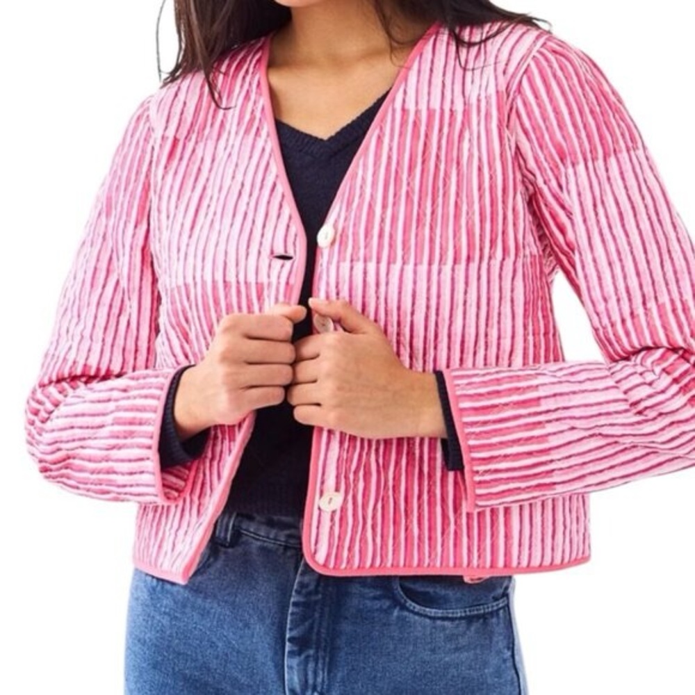 Roller Rabbit‎ Checkboard Stripe Marni Pink Cropped Quilted Cotton Jacket